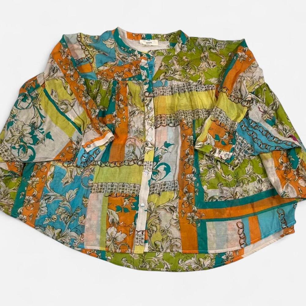 Entro Boho Patchwork Blouse Women Medium Button F… - image 4